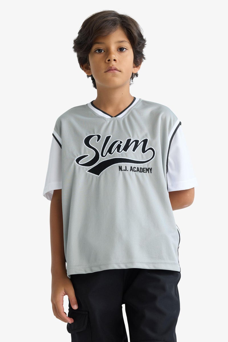 DeFacto Grey Boy Boy Oversize V-Neck Tulle T-Shirt Casual - Image 5